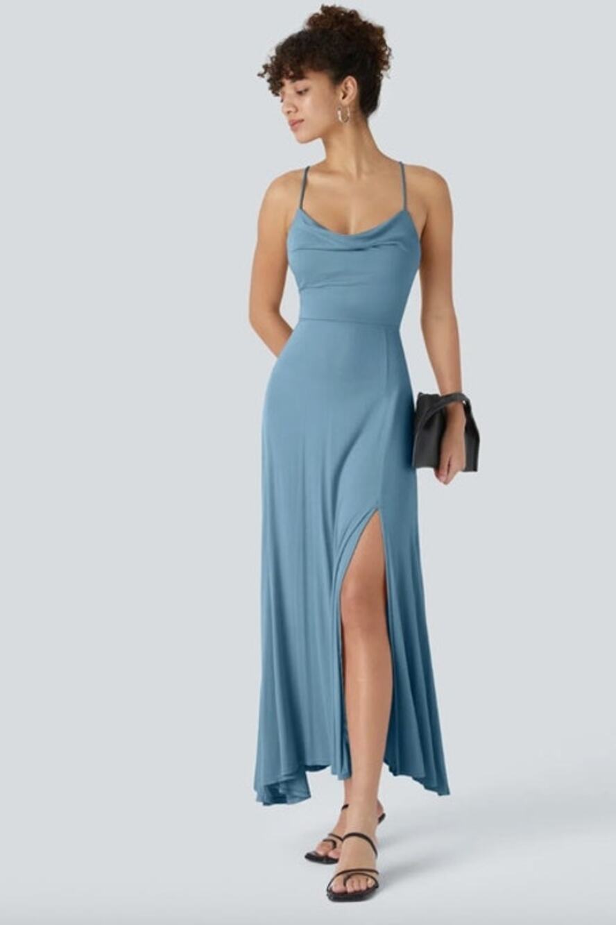 HALARA Dress Size L Ribbed Cowl Neck Lace Up Midi Rainy Sky Blue